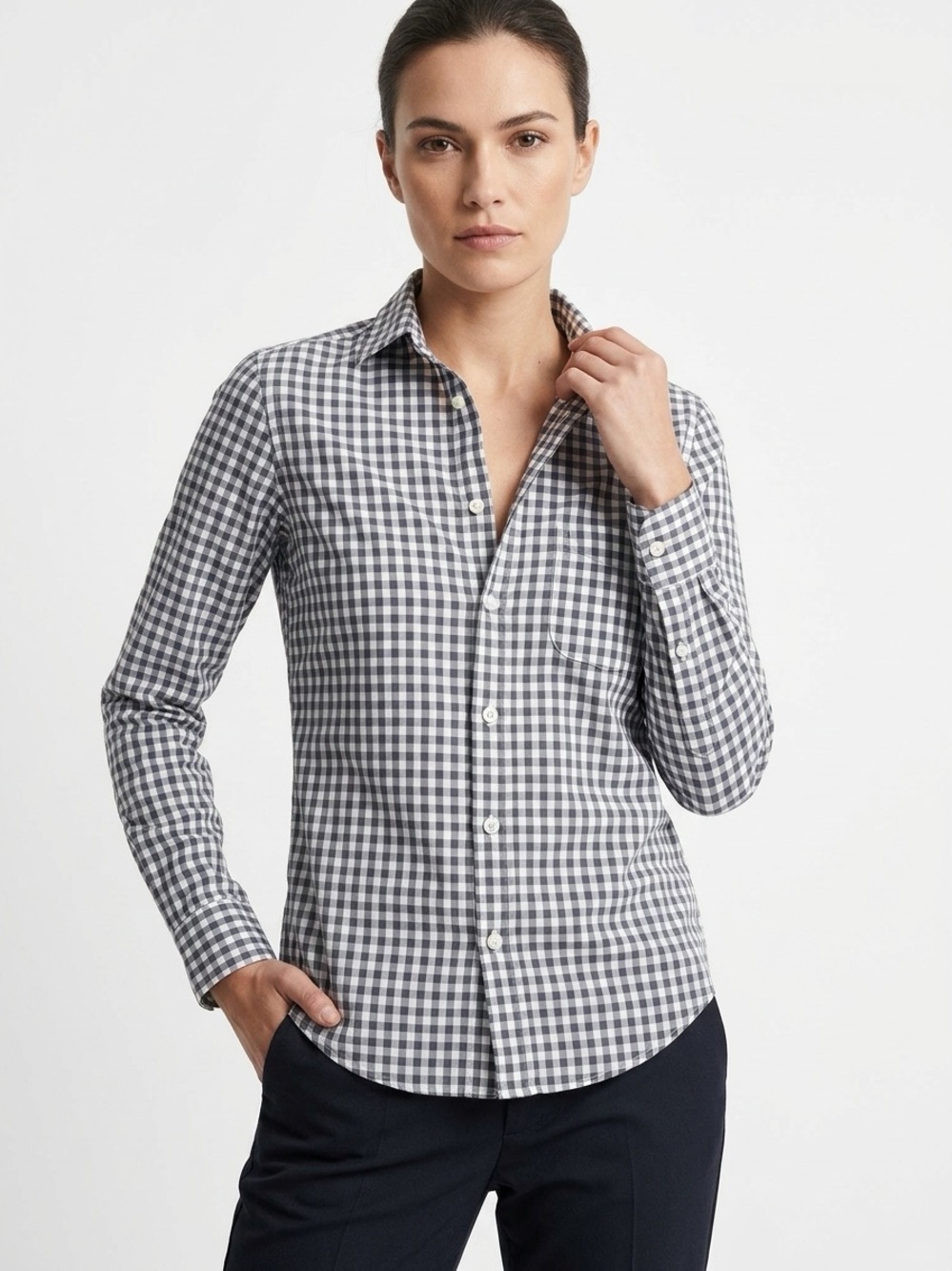 Frank & Eileen Barry Gingham Button-Up Shirt 100% Cotton Black White S